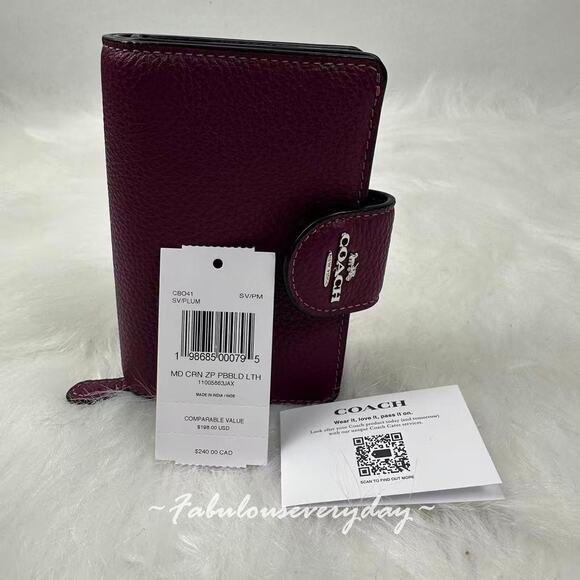 Coach Medium Corner Zip Wallet In Leather/Silver/Plum CBO41 NWT - Picture 3 of 7